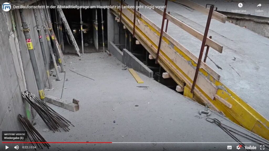 Der Baufortschritt in der Altstadttiefgarage am Hauptplatz in Leoben geht zügig voran